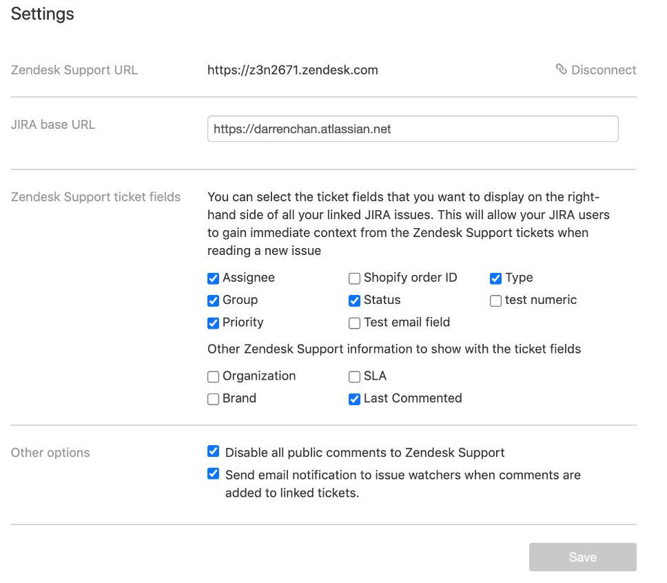 Zendesk Jira Integration: Selecting desired Zendesk fields and tickets.